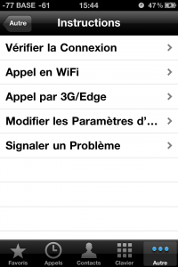 Le premier menu Instruction permet de vérifier la connectivité (WIFI ou 3G/EDGE)